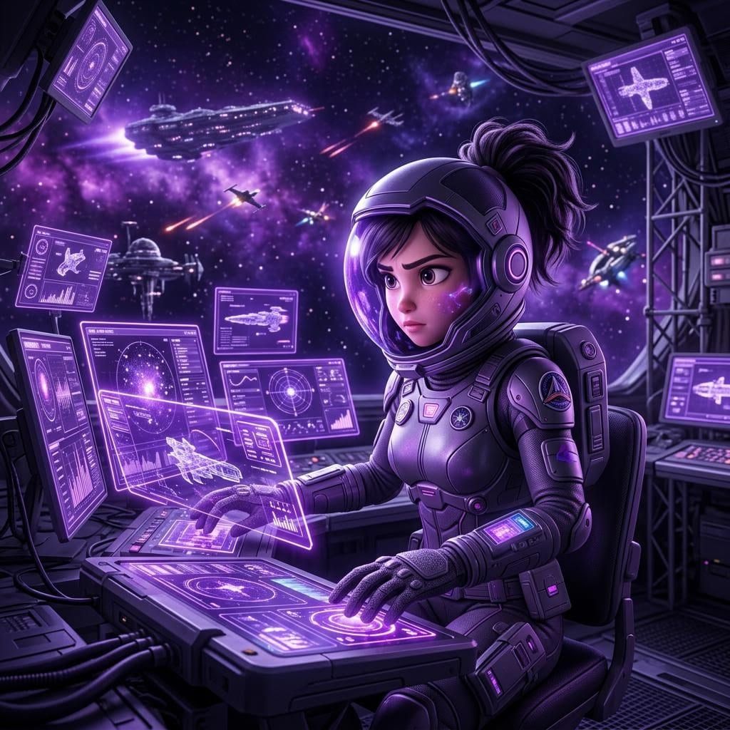 Animated analyst at a multi-monitor holographic workstation