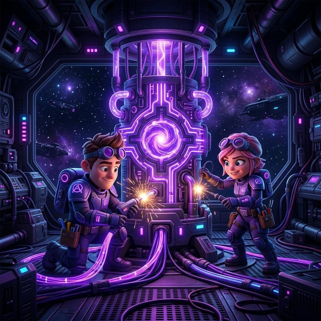 Animated engineers repairing a glowing network core inside a spaceship