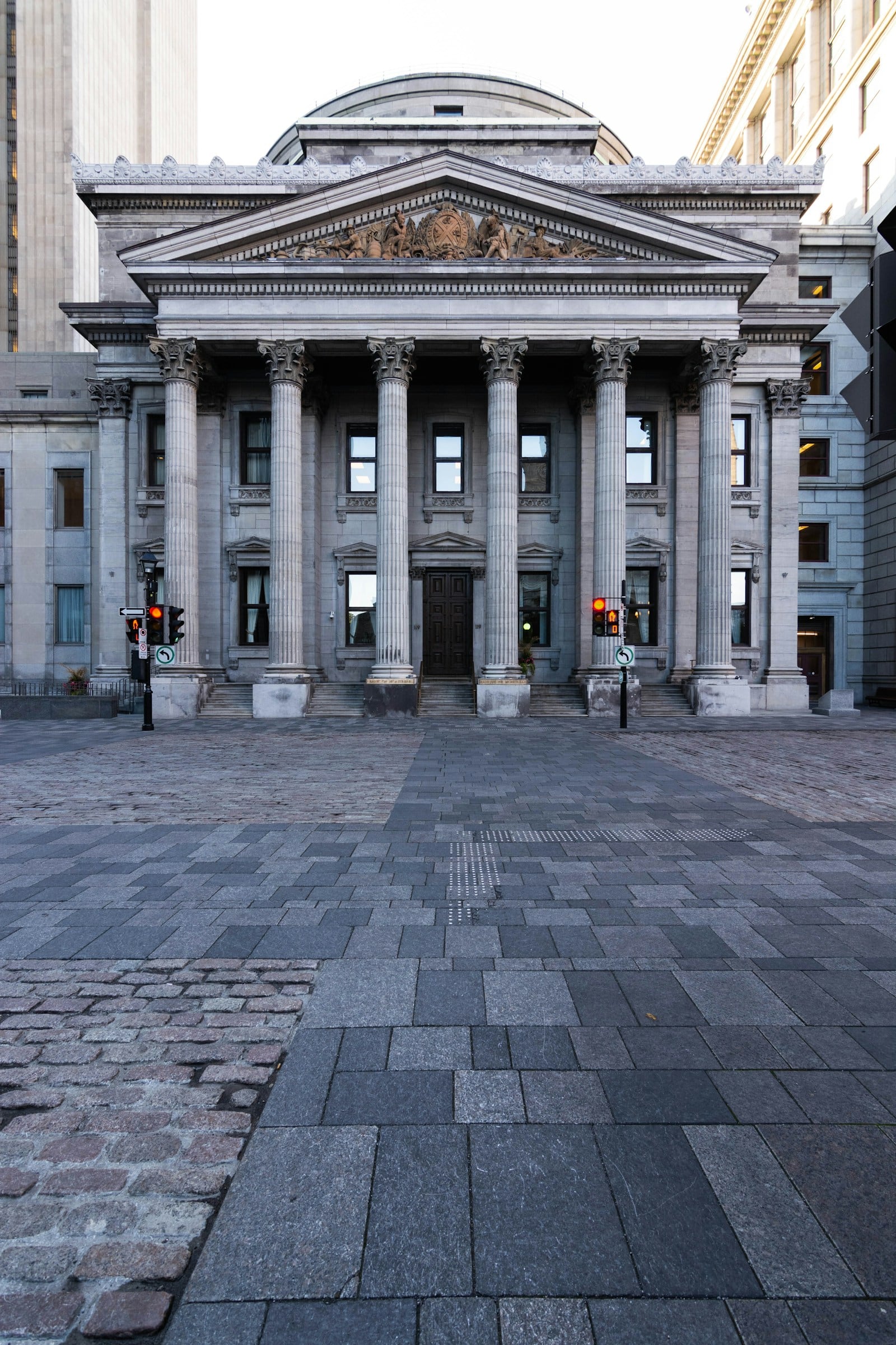 Stock photograph of a stone-columned financial building facade
