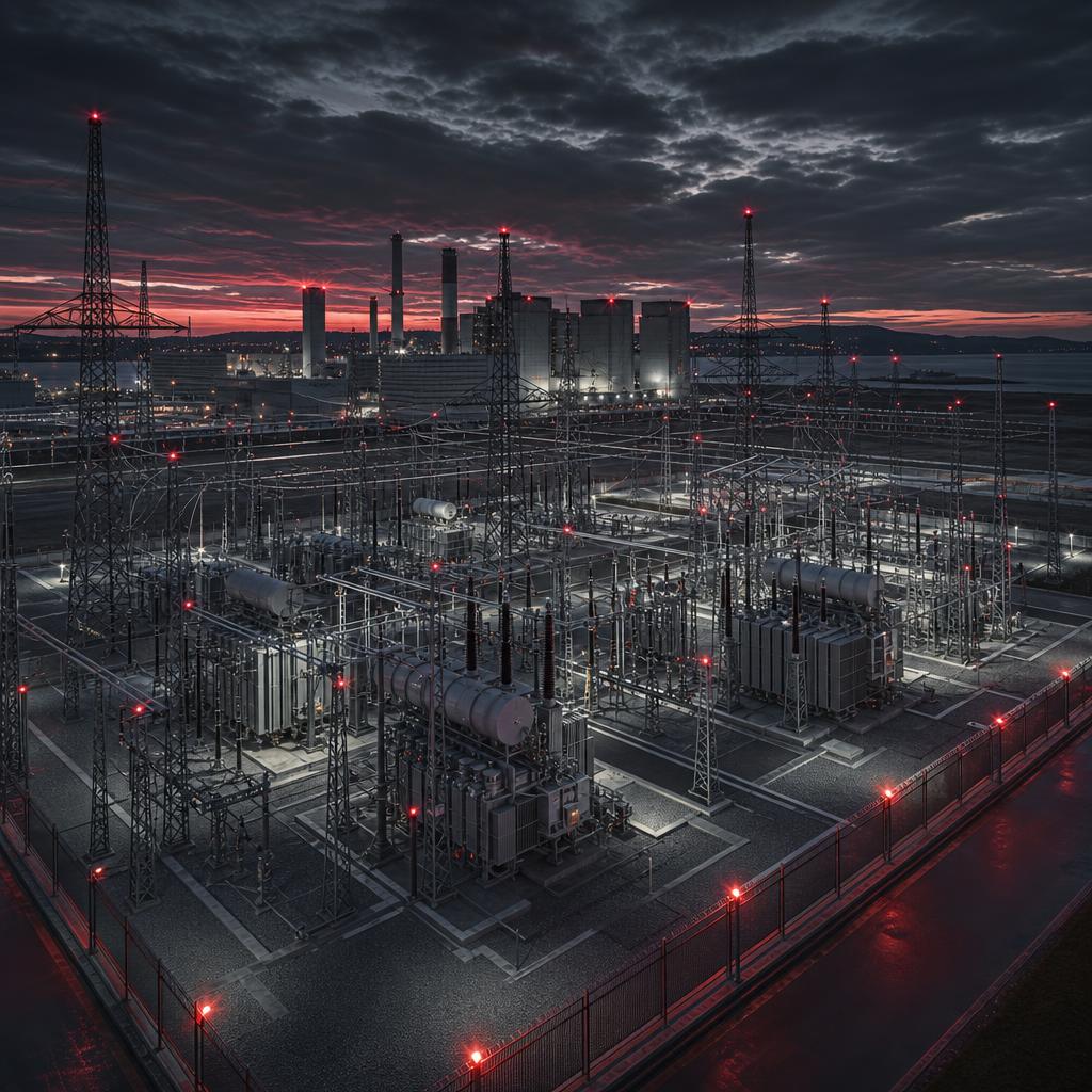 AI-generated illustration of a power grid substation