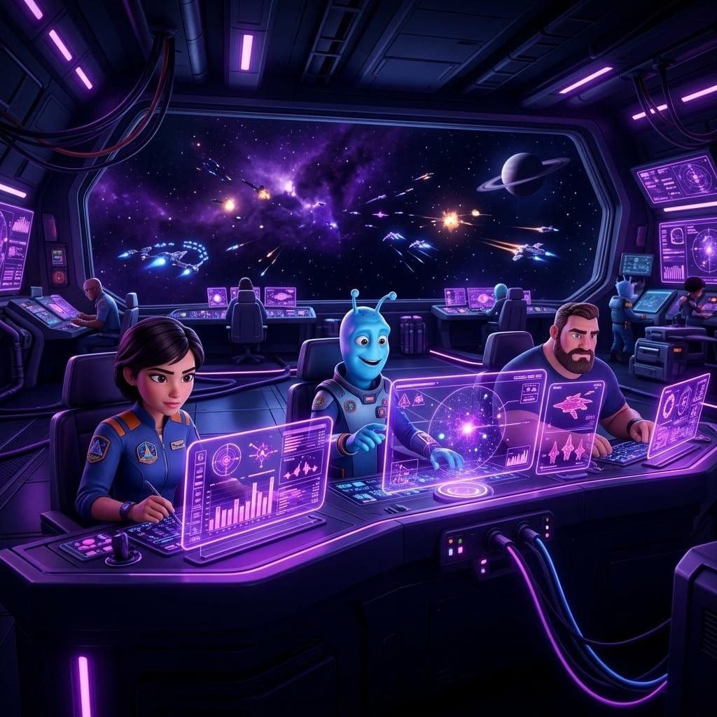 Animated space-defense operators monitoring holographic threat dashboards