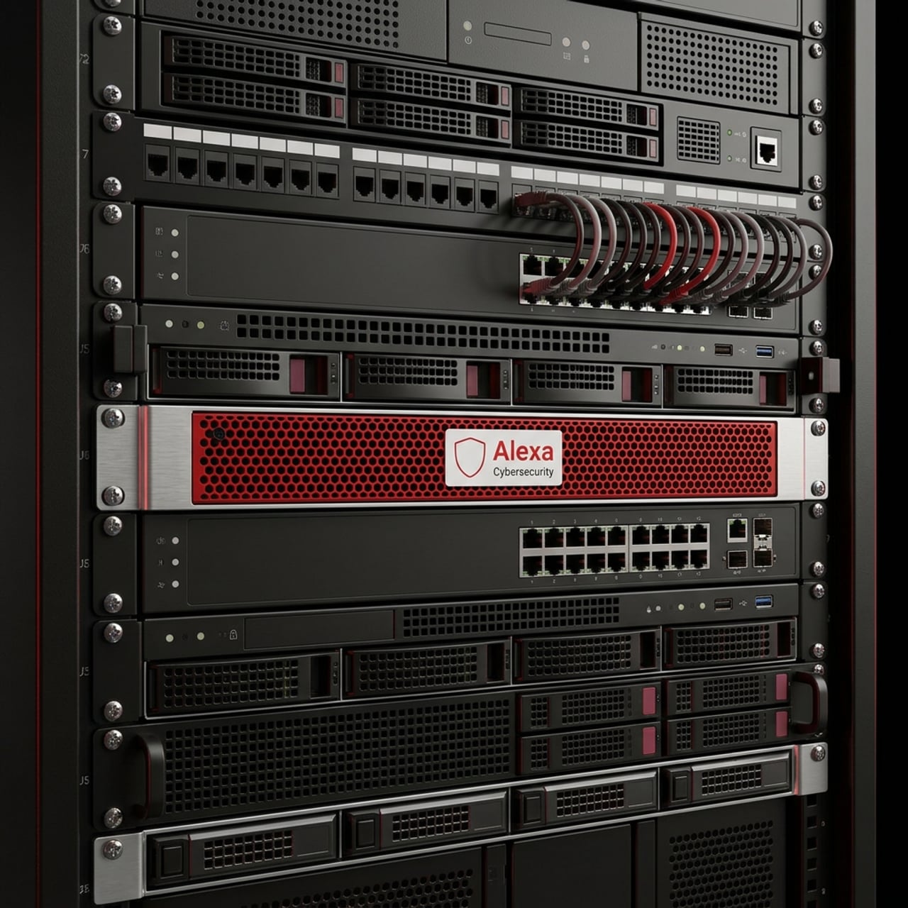 Slim red, silver and black Alexa Cybersecurity appliance concept mounted in a server rack alongside servers, network switches and patch panels.