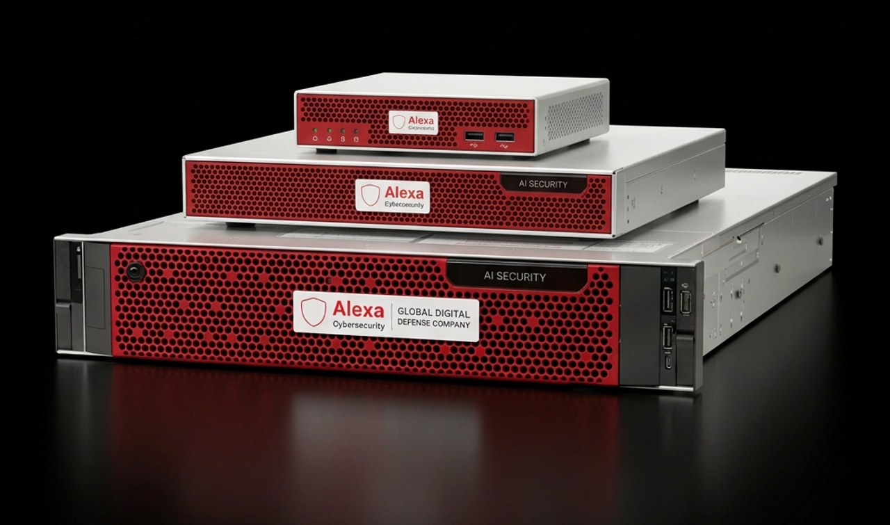 Three white and red Alexa Cybersecurity AI Security appliance concepts, with two smaller desktop devices stacked above the rackmount appliance, matching perforated grilles and company branding.