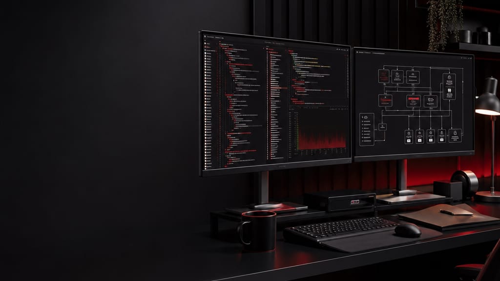 AI-generated illustration of an application security workstation with code review and software architecture displays