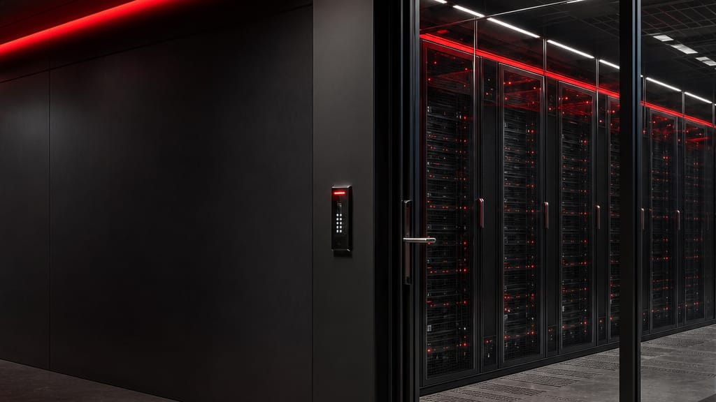 AI-generated illustration of a fictional data security facility with server racks behind glass and an access-controlled door