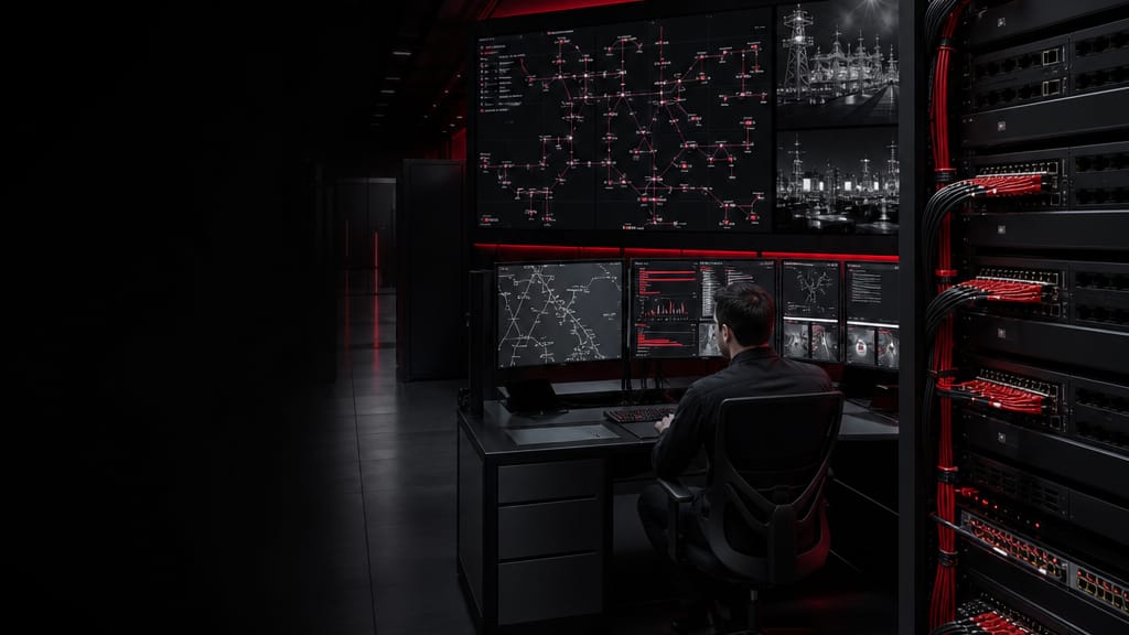 AI-generated illustration of a fictional cybersecurity operations center with network monitoring screens and red-lit network equipment
